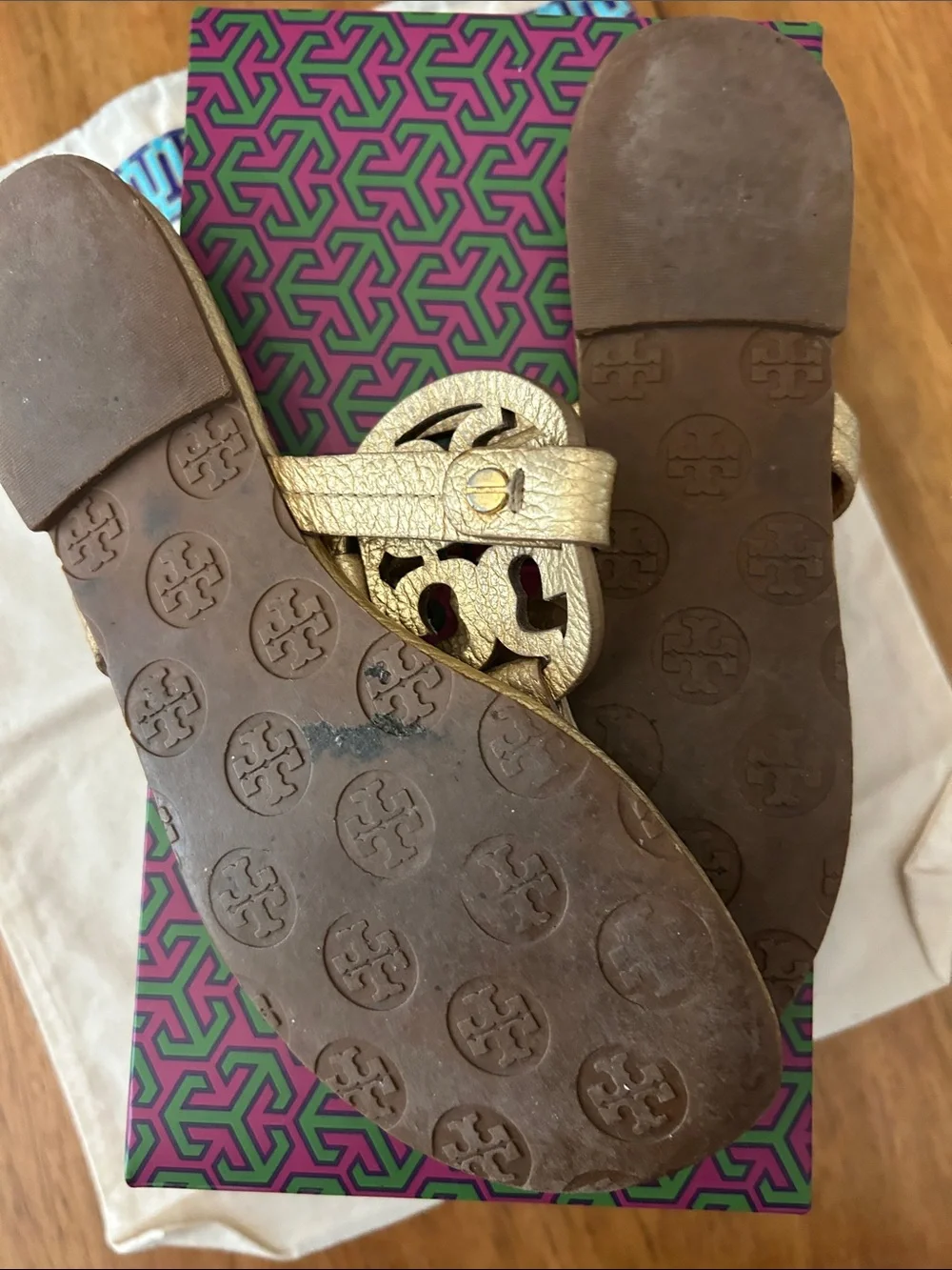 Tory Burch Metallic Gold Miller Logo Thong Sandals